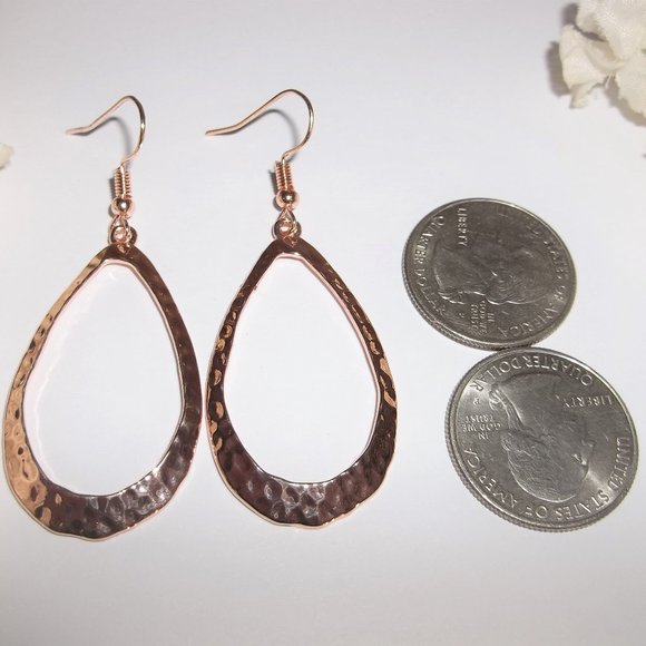 Hoop Earring Rose Gold Teardrop Hammered Metal Jewelry for Women Dangle Set A628 - Picture 3 of 5